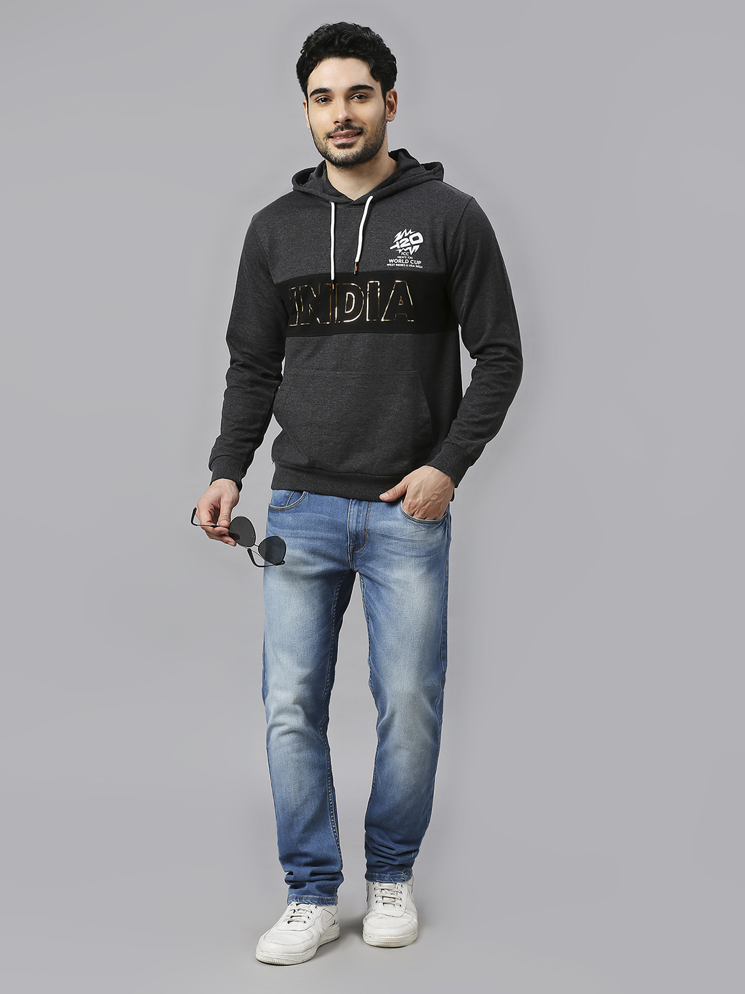 India ICC Men's T20 WC-24 Anthra Melange Graphic Printed Full Sleeves Hooded Sweatshirt (5)