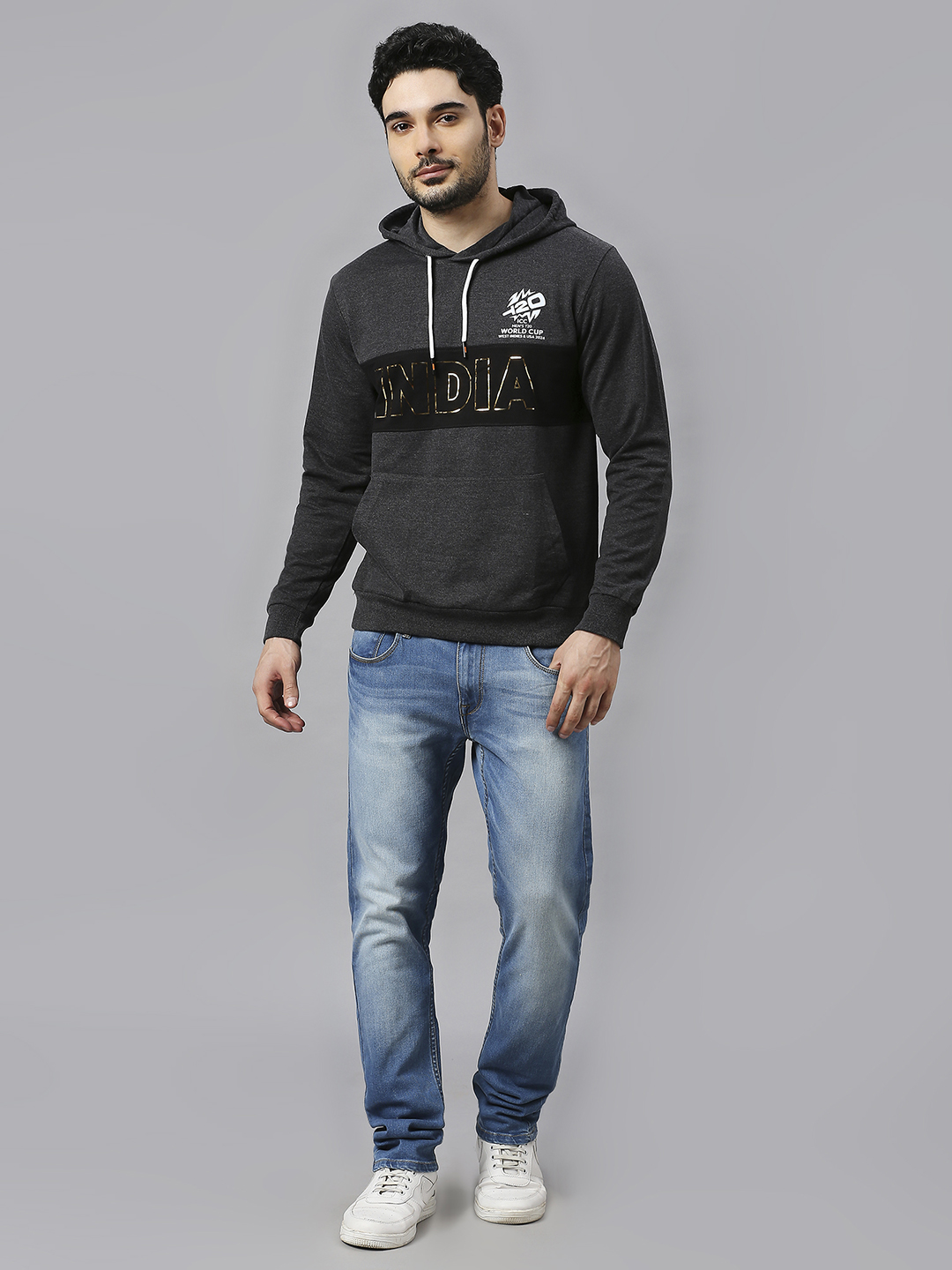 India ICC Men's T20 WC-24 Anthra Melange Graphic Printed Full Sleeves Hooded Sweatshirt (6)