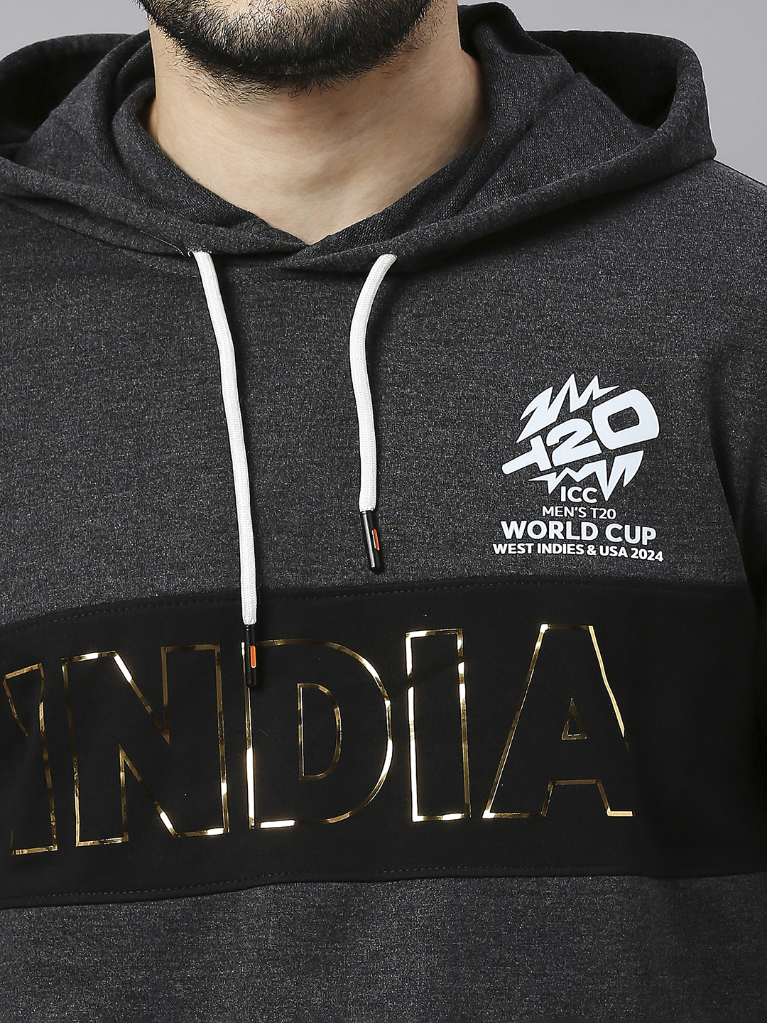 India ICC Men's T20 WC-24 Anthra Melange Graphic Printed Full Sleeves Hooded Sweatshirt (7)