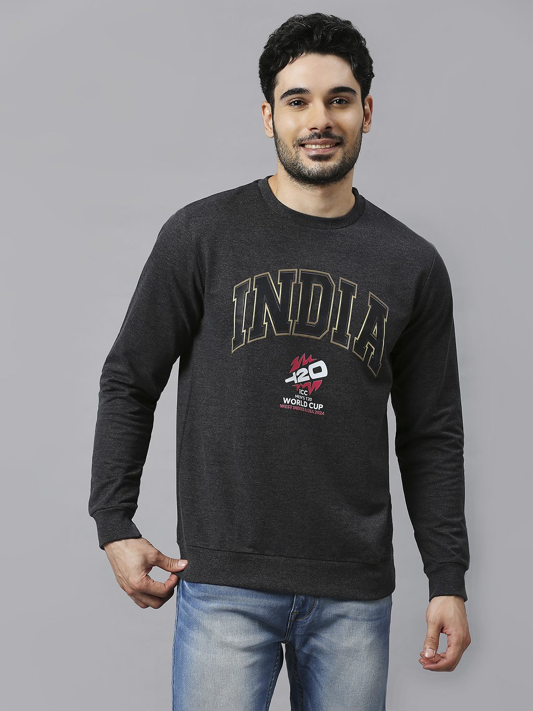 India ICC Men's T20 WC-24 Anthra Melange Logo Printed Full Sleeves Round Neck Sweatshirt (2)