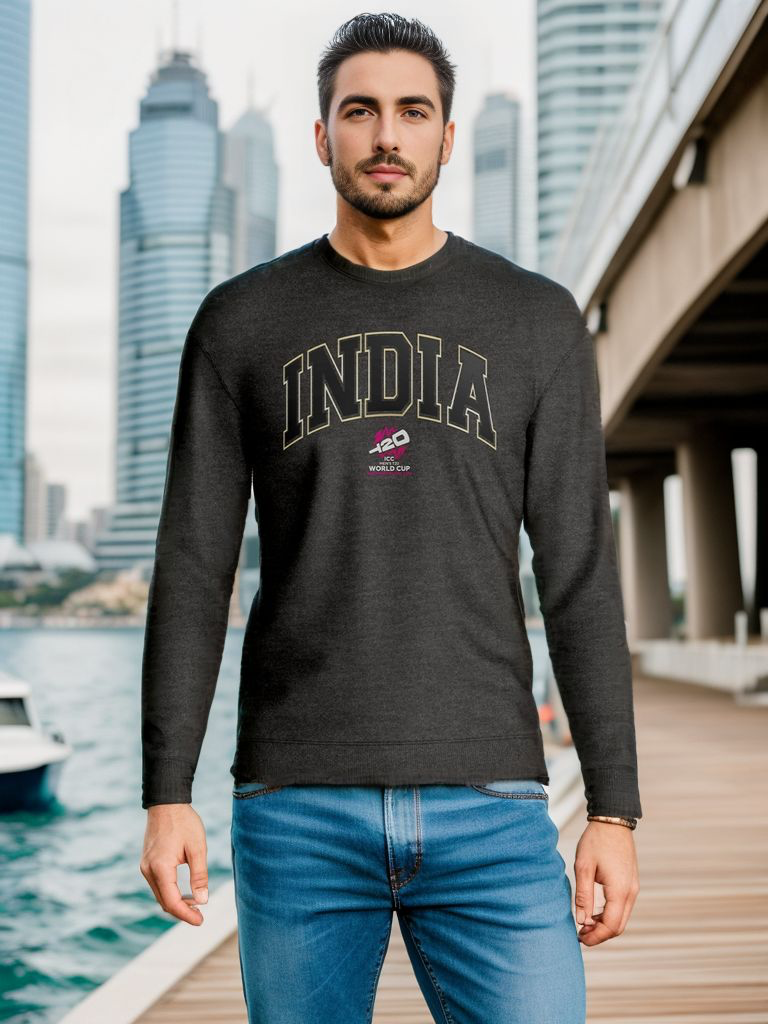 India ICC Men's T20 WC-24 Anthra Melange Logo Printed Full Sleeves Round Neck Sweatshirt