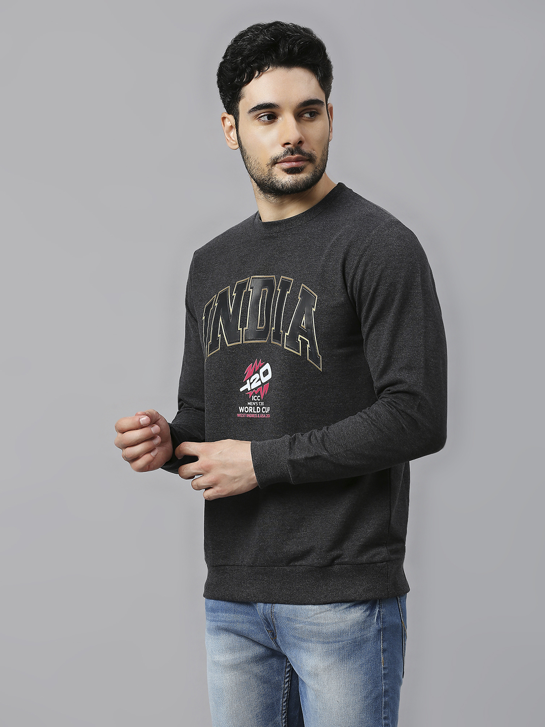 India ICC Men's T20 WC-24 Anthra Melange Logo Printed Full Sleeves Round Neck Sweatshirt (3)
