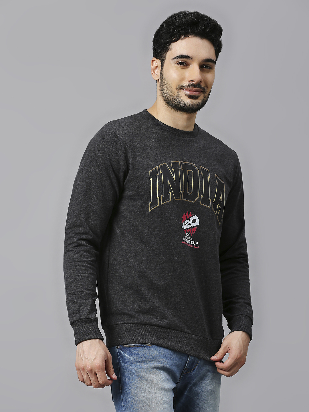 India ICC Men's T20 WC-24 Anthra Melange Logo Printed Full Sleeves Round Neck Sweatshirt (4)