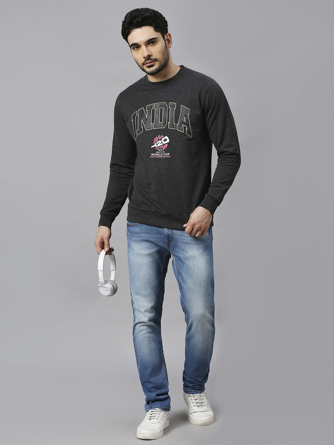 India ICC Men's T20 WC-24 Anthra Melange Logo Printed Full Sleeves Round Neck Sweatshirt (6)