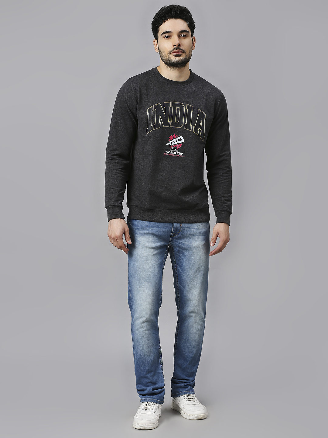 India ICC Men's T20 WC-24 Anthra Melange Logo Printed Full Sleeves Round Neck Sweatshirt (7)