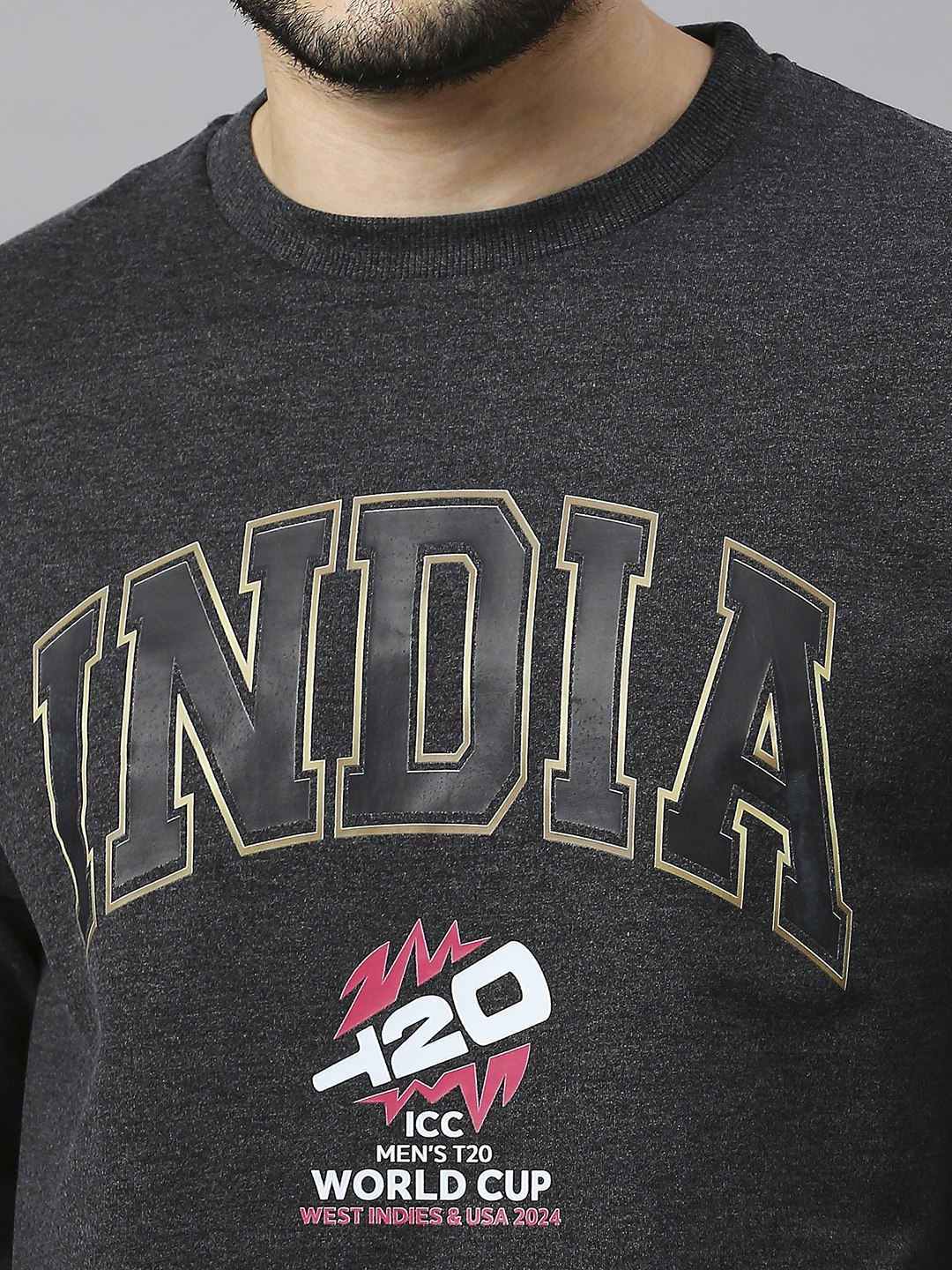 India ICC Men's T20 WC-24 Anthra Melange Logo Printed Full Sleeves Round Neck Sweatshirt (8)