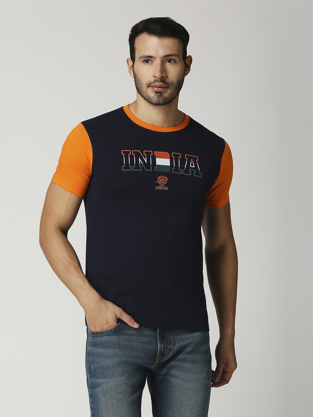 ICC Men's T20 WC-24 Black and Orange Half Sleeves Round Neck Cotton T-Shirt