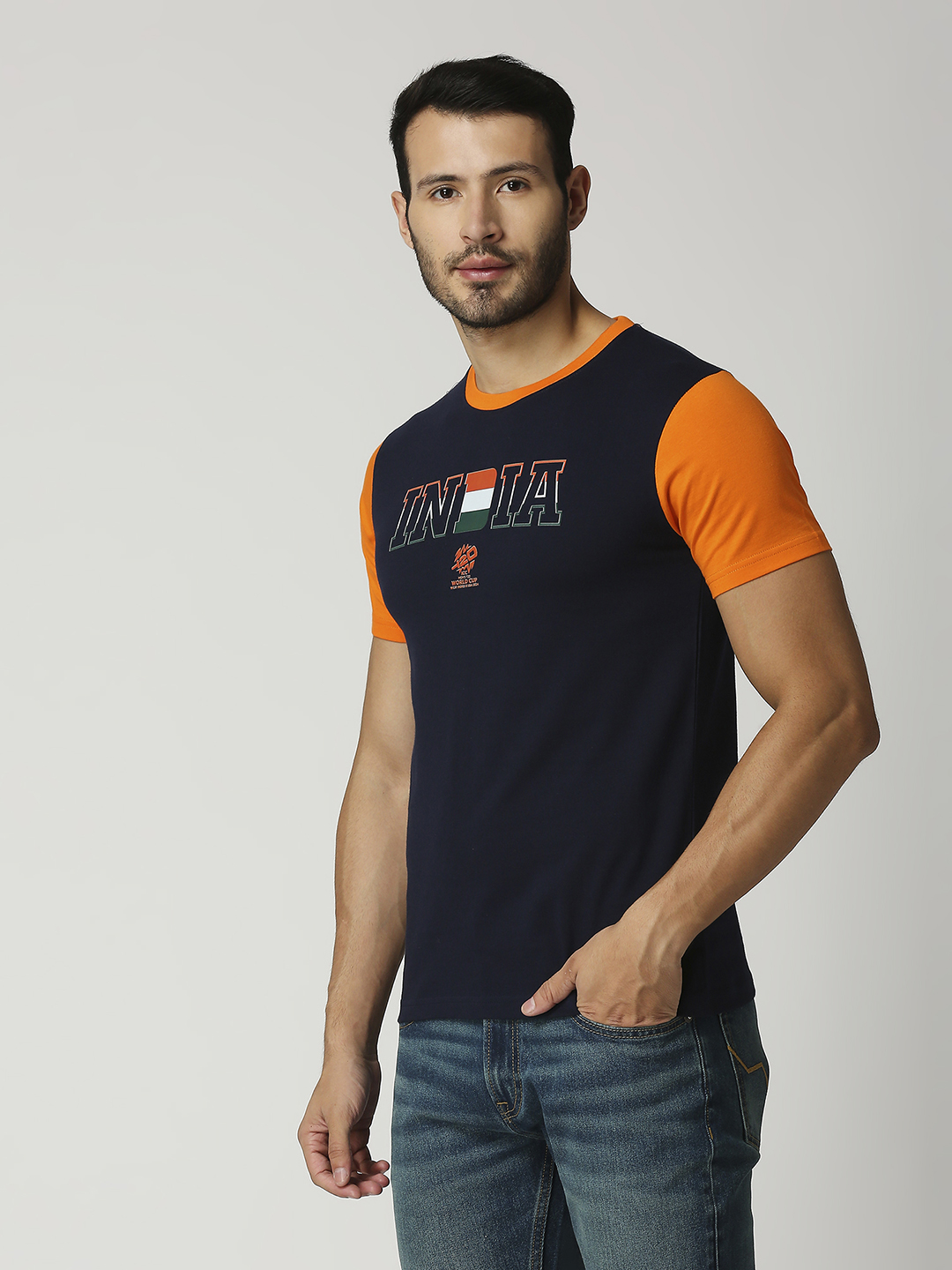 India ICC Men's T20 WC-24 Black and Orange Half Sleeves Round Neck Cotton T-Shirt (2)