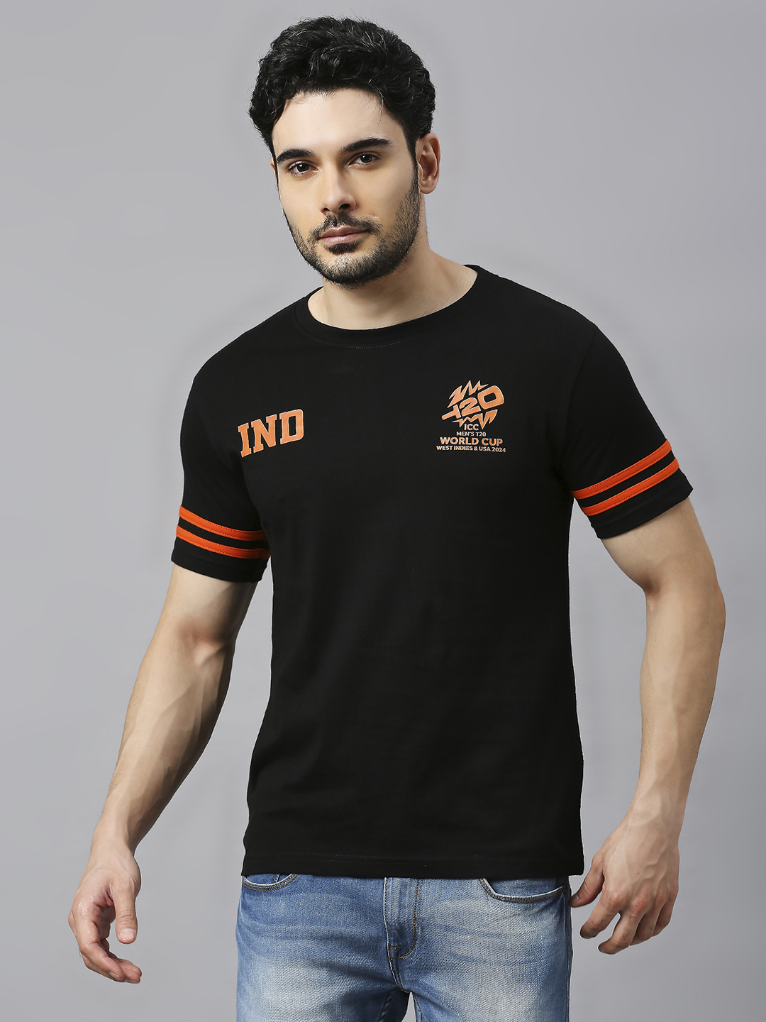ICC Men's T20 WC-24 Black and Orange Printed Half Sleeves Round Neck Cotton T-Shirt