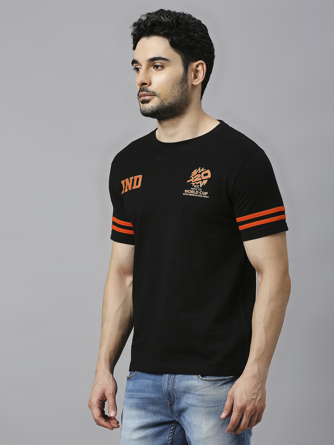 India ICC Men's T20 WC-24 Black and Orange Printed Half Sleeves Round Neck Cotton T-Shirt (3)