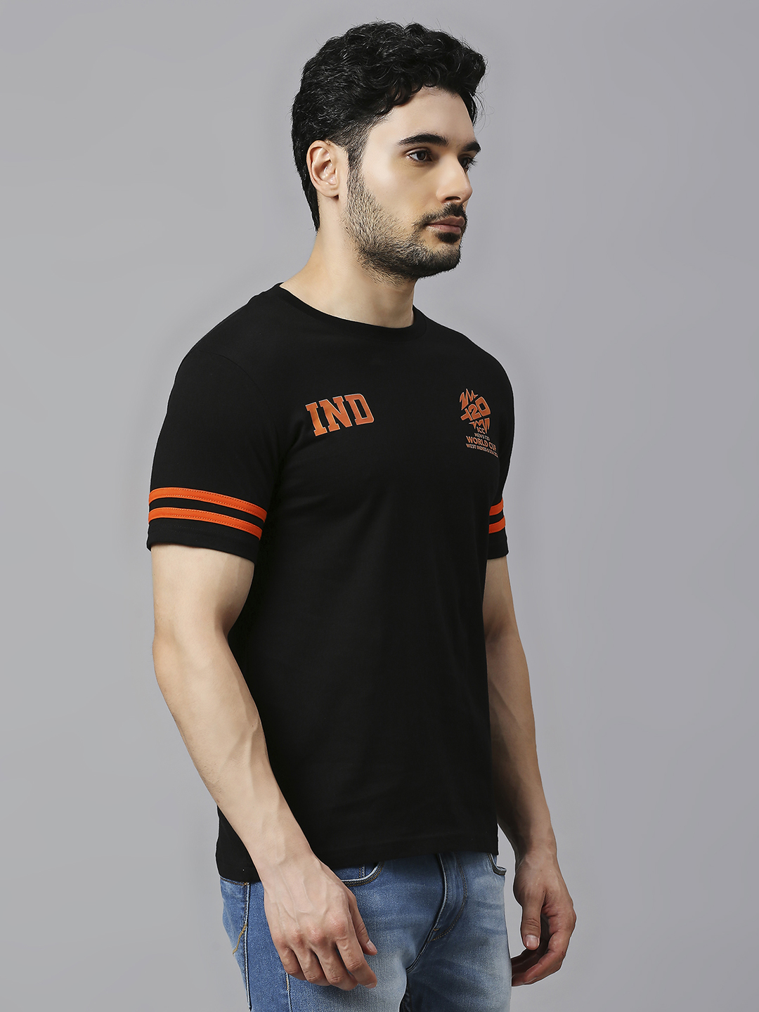 India ICC Men's T20 WC-24 Black and Orange Printed Half Sleeves Round Neck Cotton T-Shirt (4)