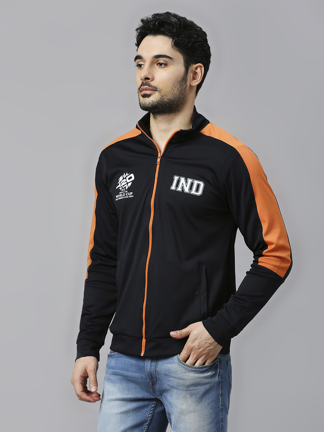 India ICC Men's T20 WC-24 Black & Orange Solid Full Sleeves Stand Collar Polyester Sporty Jacket (3)