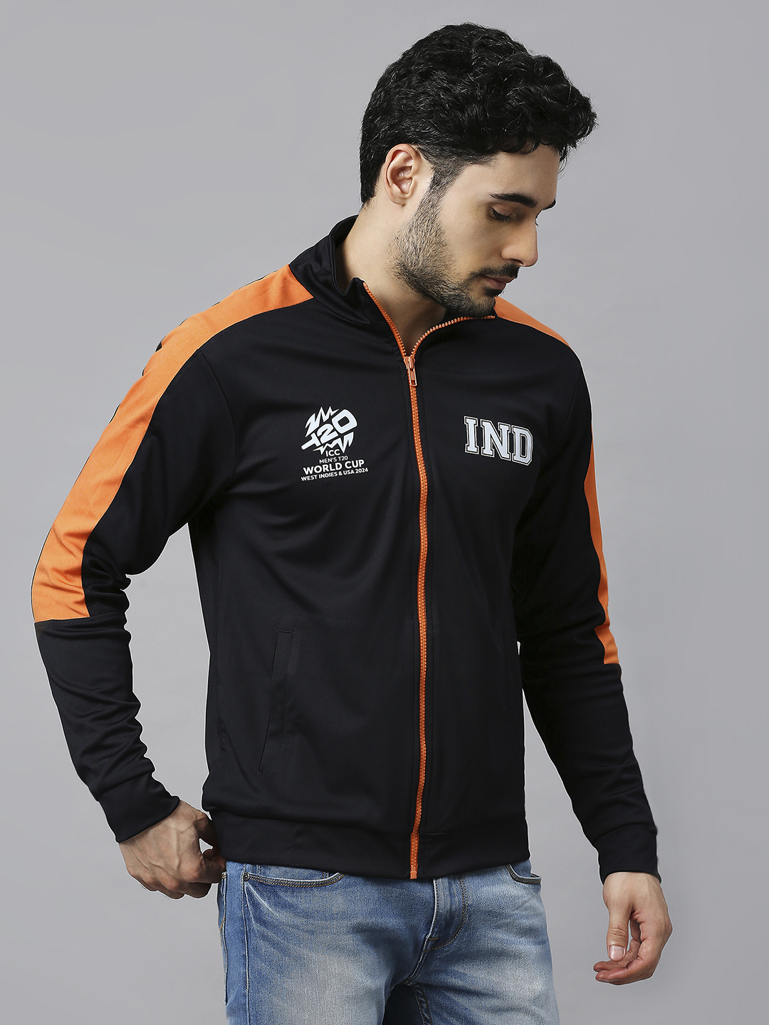 India ICC Men's T20 WC-24 Black & Orange Solid Full Sleeves Stand Collar Polyester Sporty Jacket (4)