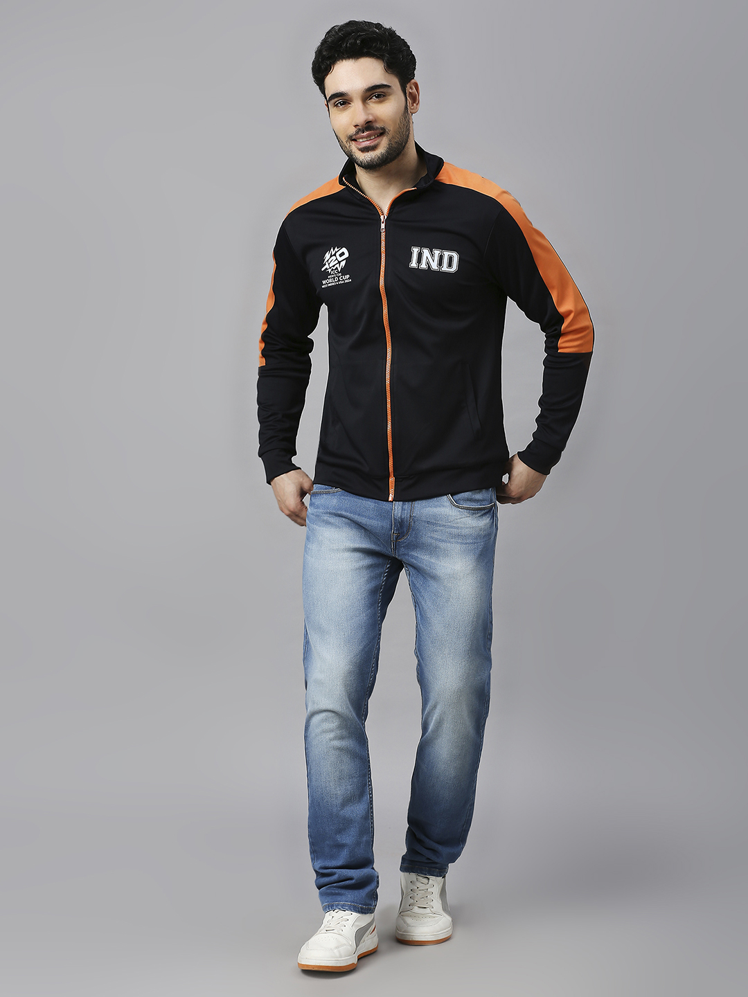 India ICC Men's T20 WC-24 Black & Orange Solid Full Sleeves Stand Collar Polyester Sporty Jacket (6)