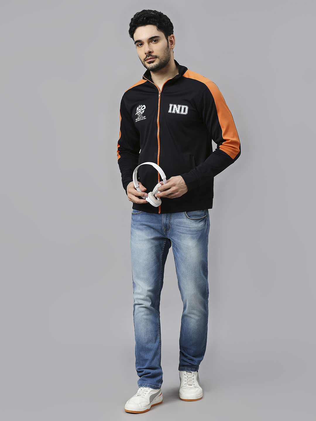 India ICC Men's T20 WC-24 Black & Orange Solid Full Sleeves Stand Collar Polyester Sporty Jacket (7)