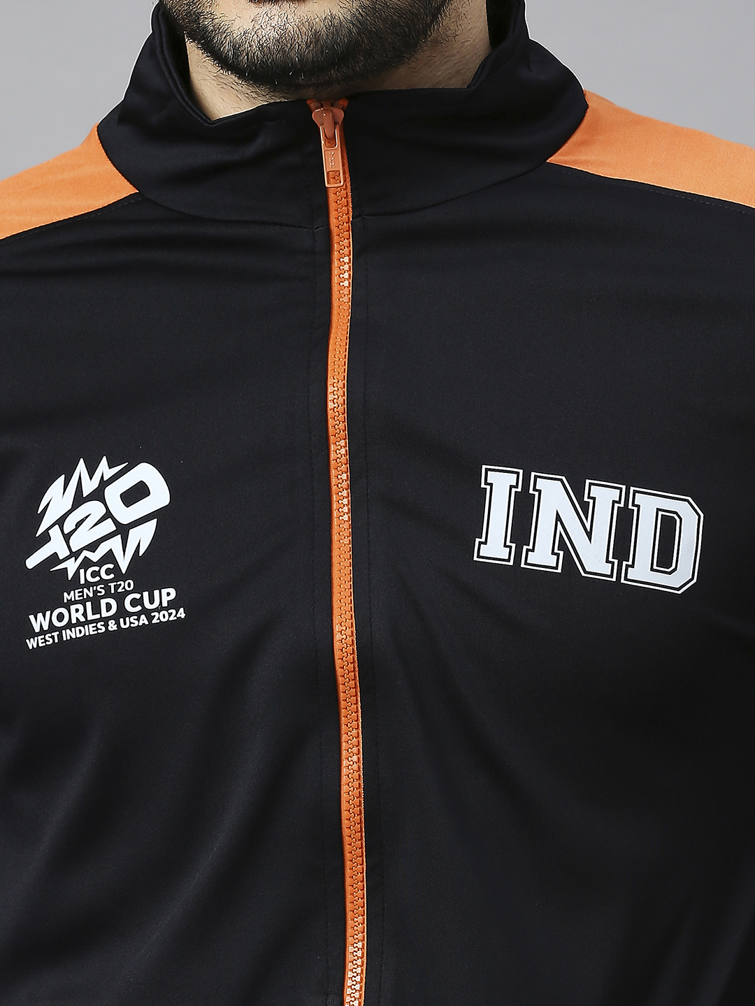 India ICC Men's T20 WC-24 Black & Orange Solid Full Sleeves Stand Collar Polyester Sporty Jacket (8)