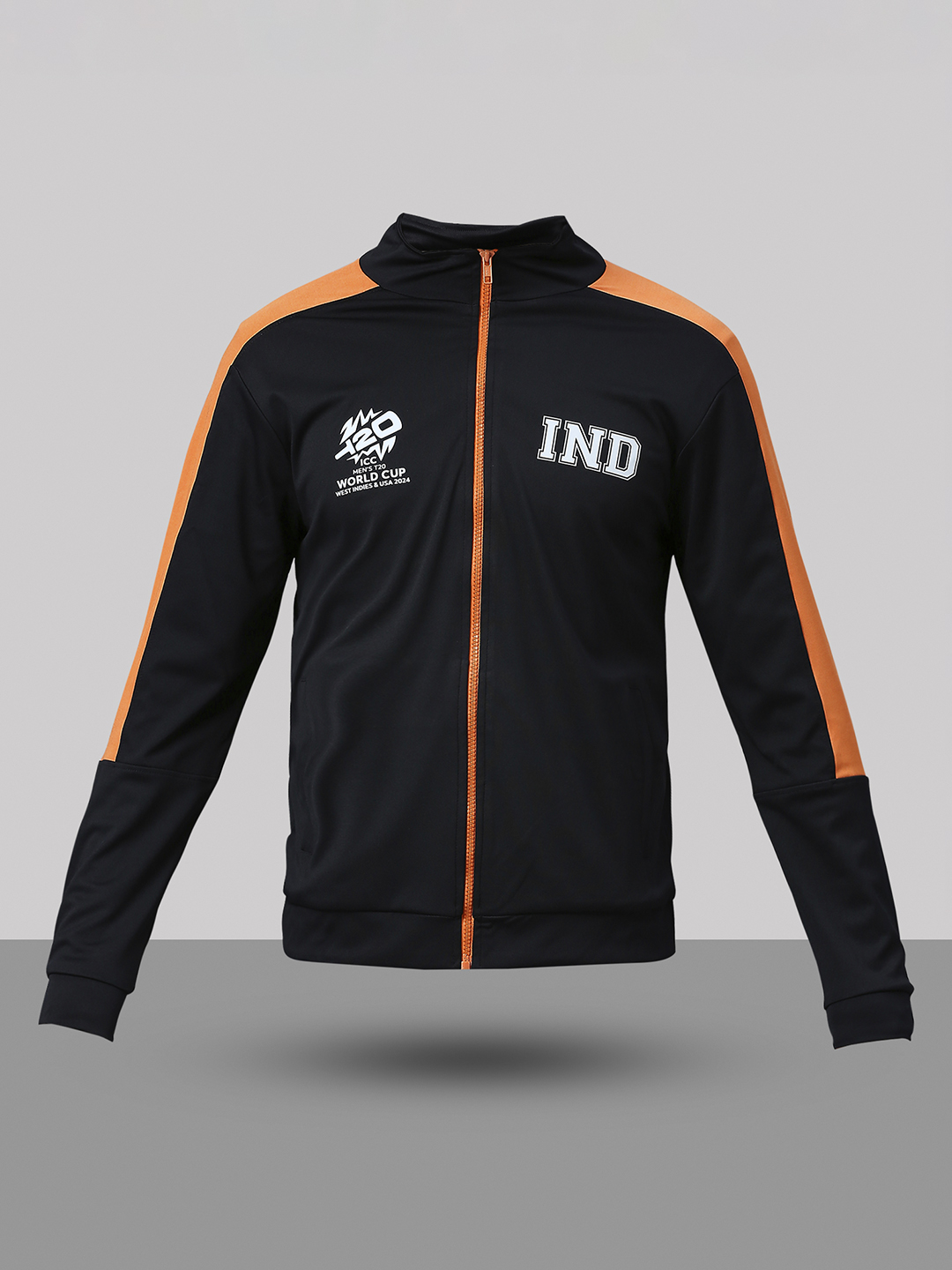 India ICC Men's T20 WC-24 Black & Orange Solid Full Sleeves Stand Collar Polyester Sporty Jacket (9)
