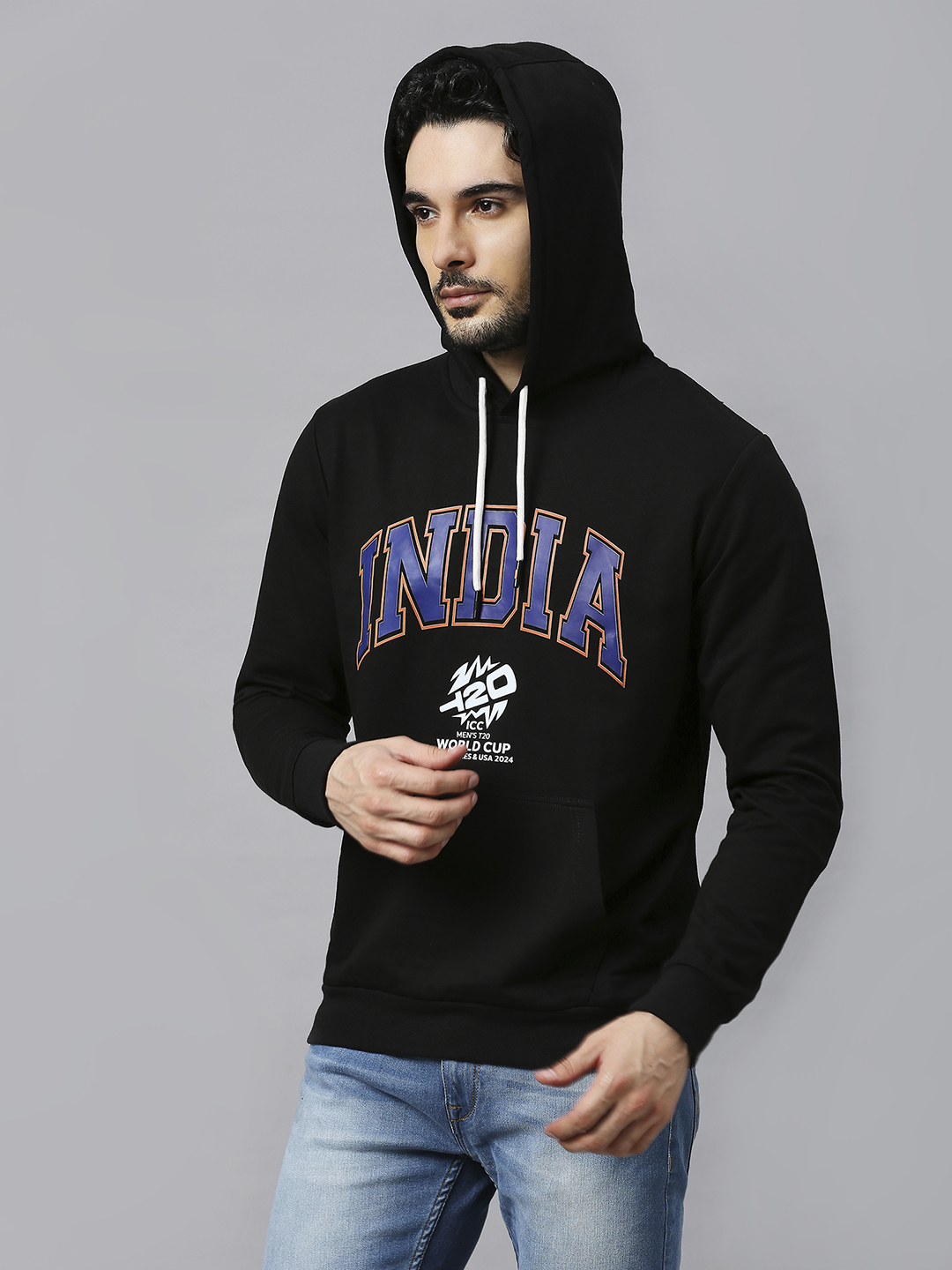 India ICC Men's T20 WC-24 Black Typography Printed Full Sleeves Hooded Sweatshirt (2)