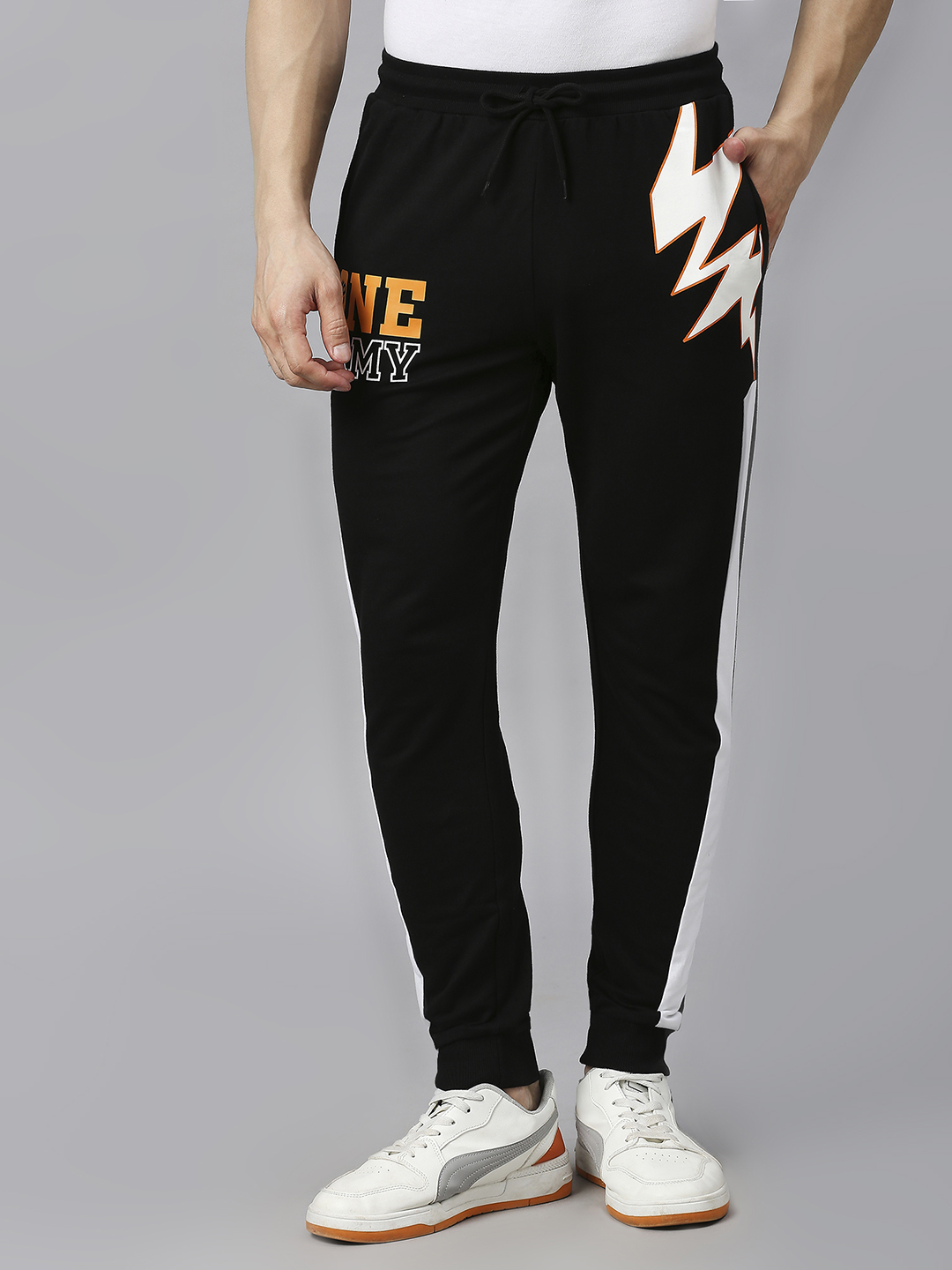 India ICC Men's T20 WC-24 Black Typography Printed Mid-Rise Slim Fit Training Joggers (3)