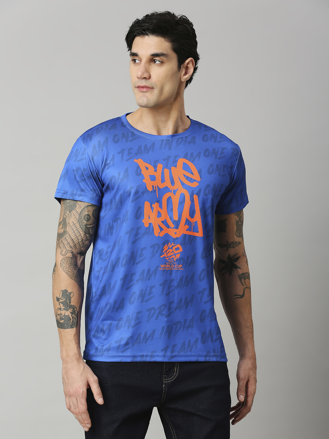 India ICC Men's T20 WC-24 Blue Graphic Printed Half Sleeves Round Neck Polyester T-Shirt (2)