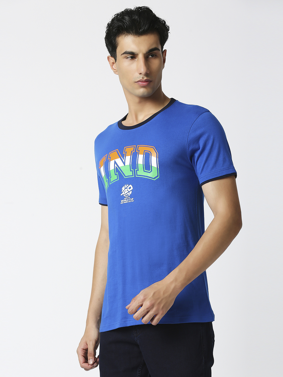 India ICC Men's T20 WC-24 Blue Typography Printed Half Sleeves Round Neck Tri-Color Cotton T-Shirt (2)