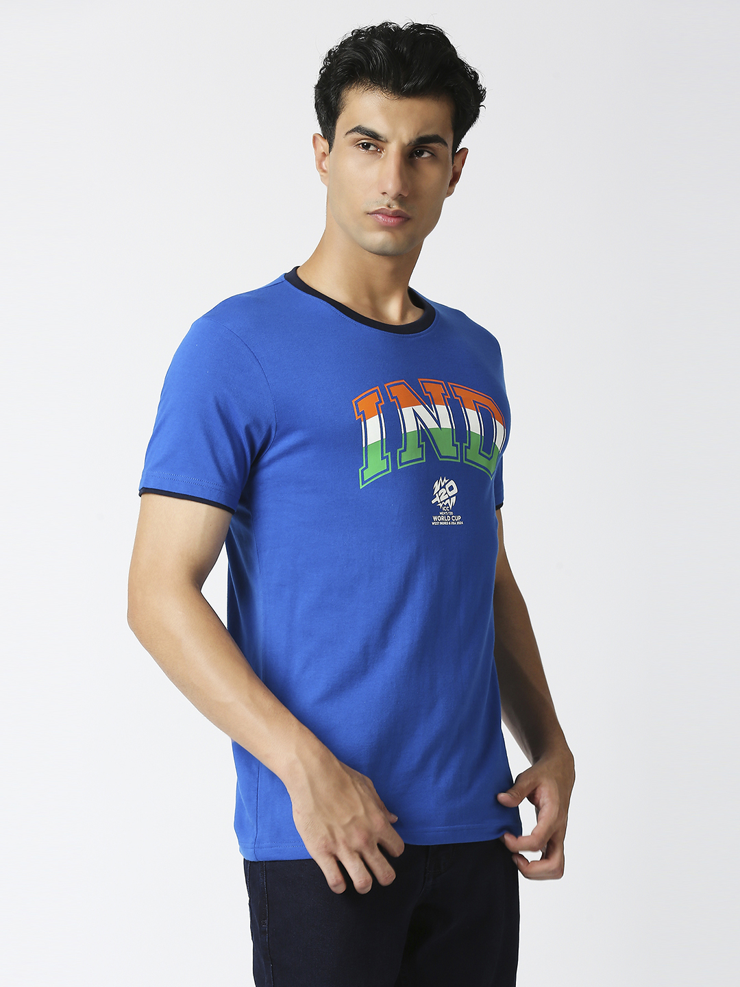 India ICC Men's T20 WC-24 Blue Typography Printed Half Sleeves Round Neck Tri-Color Cotton T-Shirt (3)