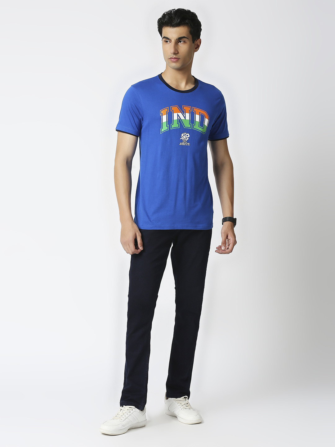 India ICC Men's T20 WC-24 Blue Typography Printed Half Sleeves Round Neck Tri-Color Cotton T-Shirt (6)