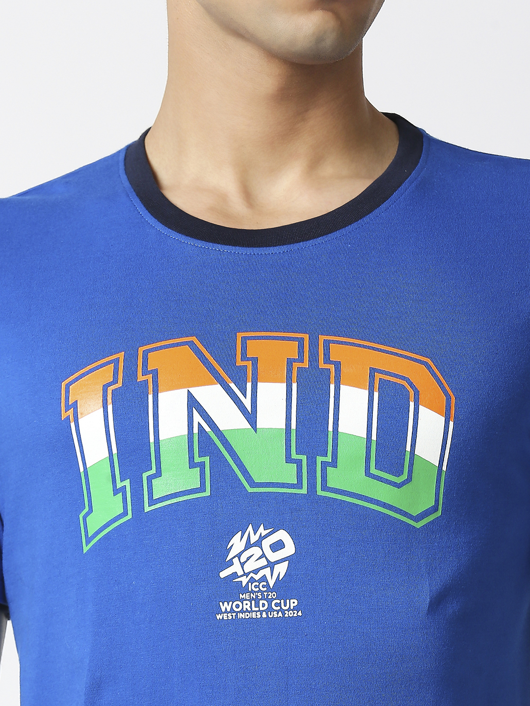 India ICC Men's T20 WC-24 Blue Typography Printed Half Sleeves Round Neck Tri-Color Cotton T-Shirt (7)