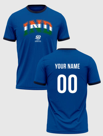 India ICC Men's T20 WC-24 Blue Typography Printed Half Sleeves Round Neck Tri-Color Cotton T-Shirt - Customised (2)