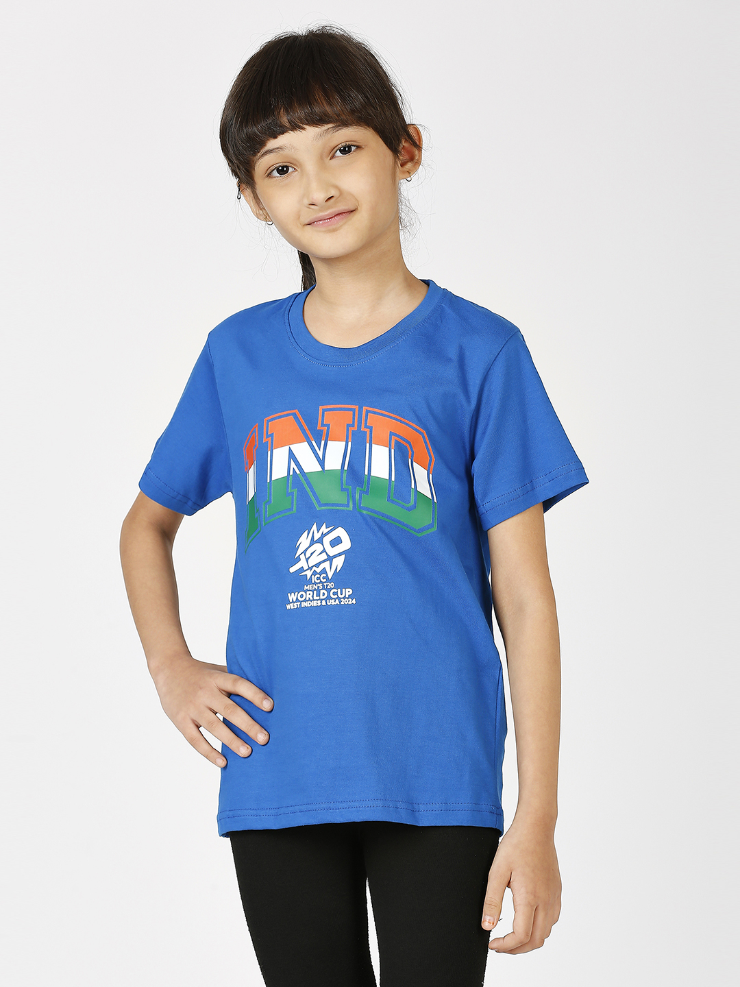 India ICC Men's T20 WC-24 Boys Blue Typography Printed Half Sleeves Round Neck Tri-Color Cotton T-Shirt (2)