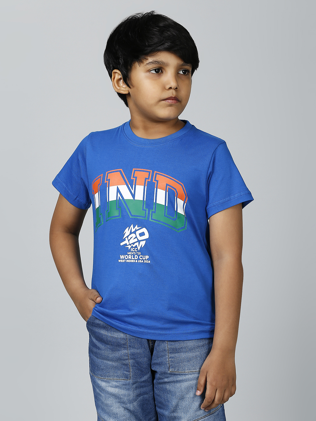 India ICC Men's T20 WC-24 Boys Blue Typography Printed Half Sleeves Round Neck Tri-Color Cotton T-Shirt (1)