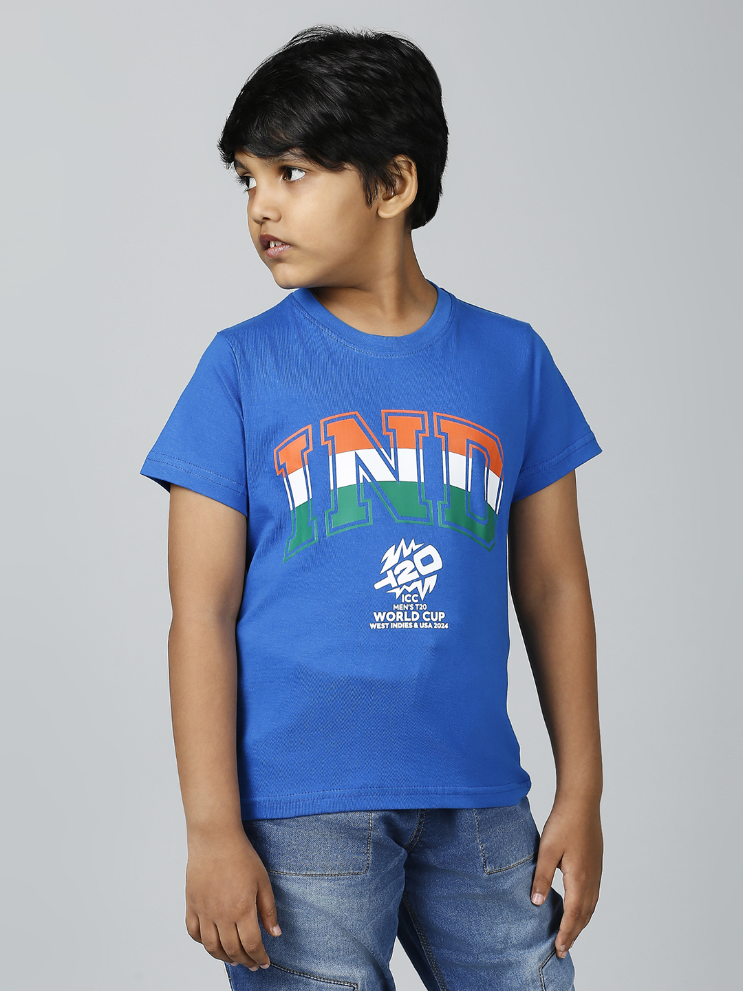 India ICC Men's T20 WC-24 Boys Blue Typography Printed Half Sleeves Round Neck Tri-Color Cotton T-Shirt (3)