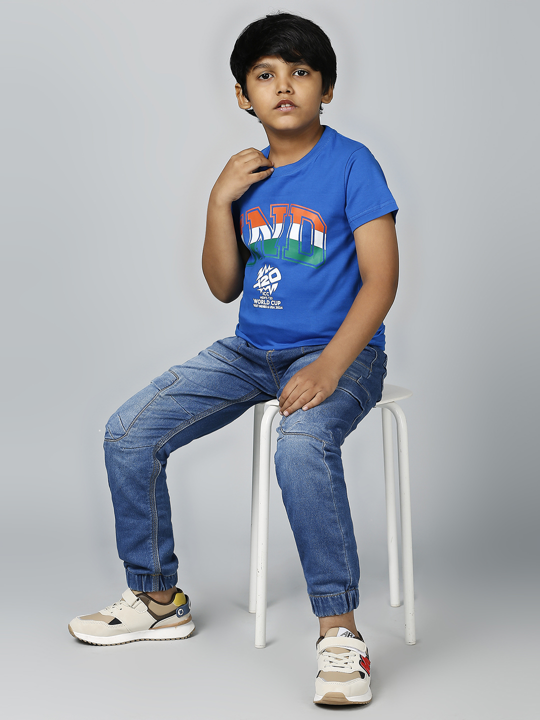 India ICC Men's T20 WC-24 Boys Blue Typography Printed Half Sleeves Round Neck Tri-Color Cotton T-Shirt (9)