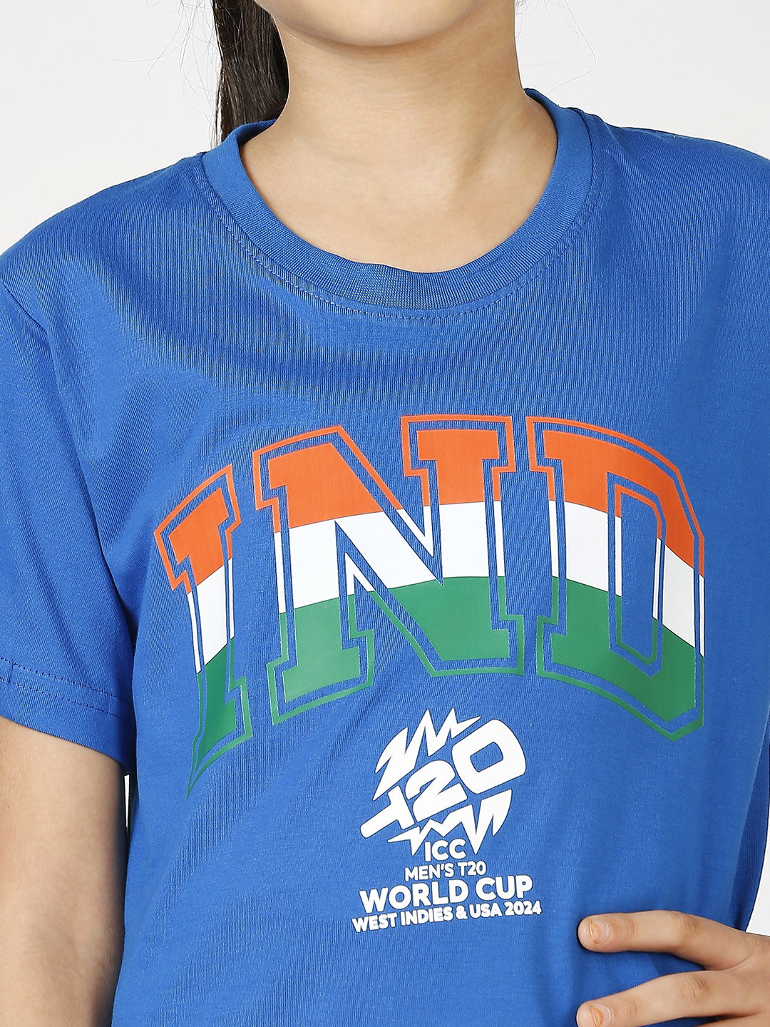 India ICC Men's T20 WC-24 Boys Blue Typography Printed Half Sleeves Round Neck Tri-Color Cotton T-Shirt (10)