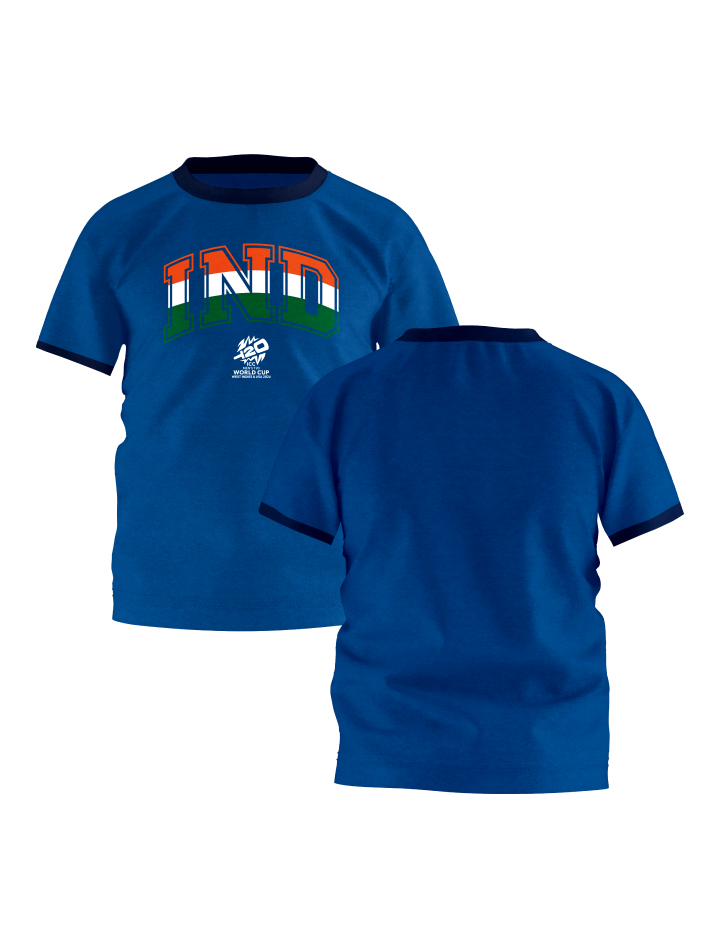 India ICC Men's T20 WC-24 Boys Blue Typography Printed Half Sleeves Round Neck Tri-Color Cotton T-Shirt - Customised (3)