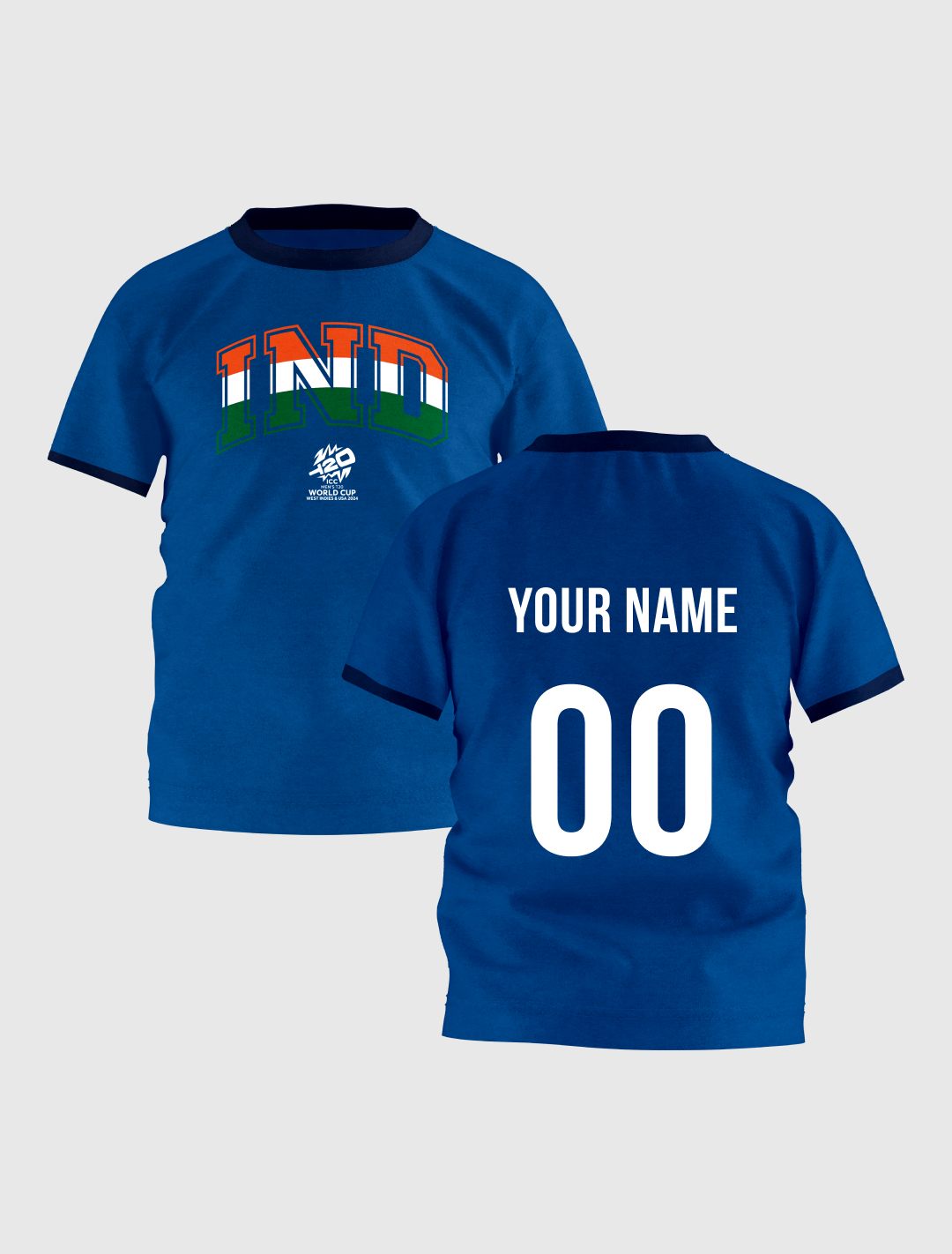 India ICC Men's T20 WC-24 Boys Blue Typography Printed Half Sleeves Round Neck Tri-Color Cotton T-Shirt - Customised (2)