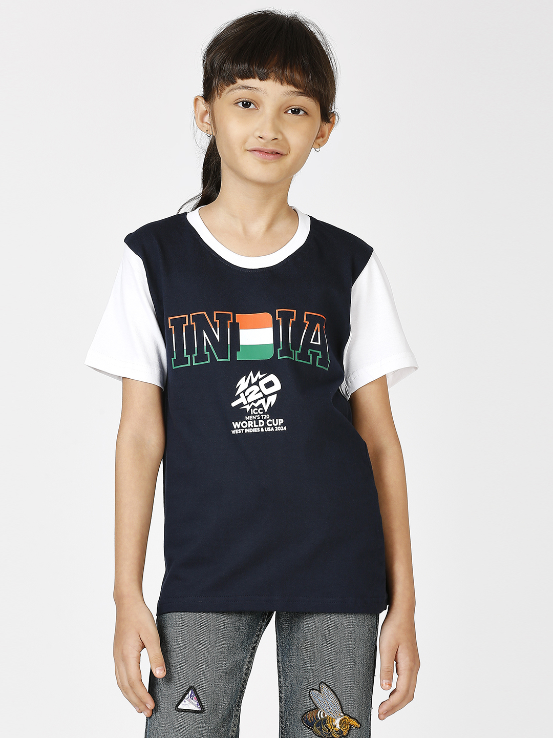 India ICC Men's T20 WC-24 Boys Navy Blue Typography Printed Half Sleeves Round Neck Cotton T-Shirt (1)