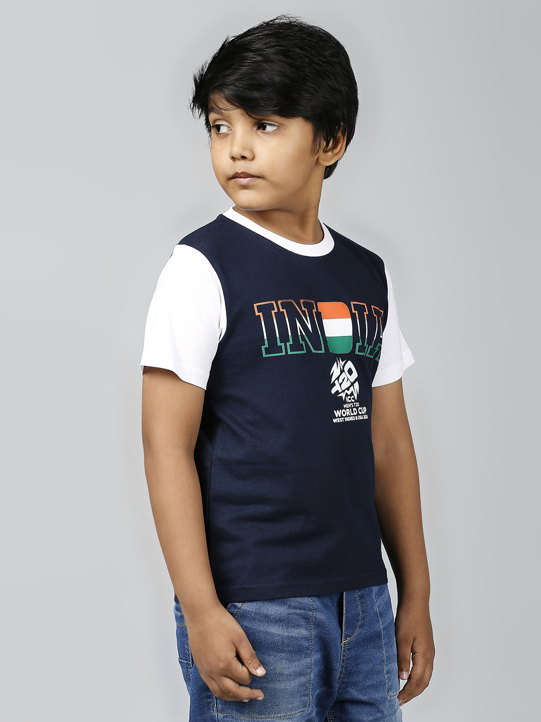 India ICC Men's T20 WC-24 Boys Navy Blue Typography Printed Half Sleeves Round Neck Cotton T-Shirt (6)