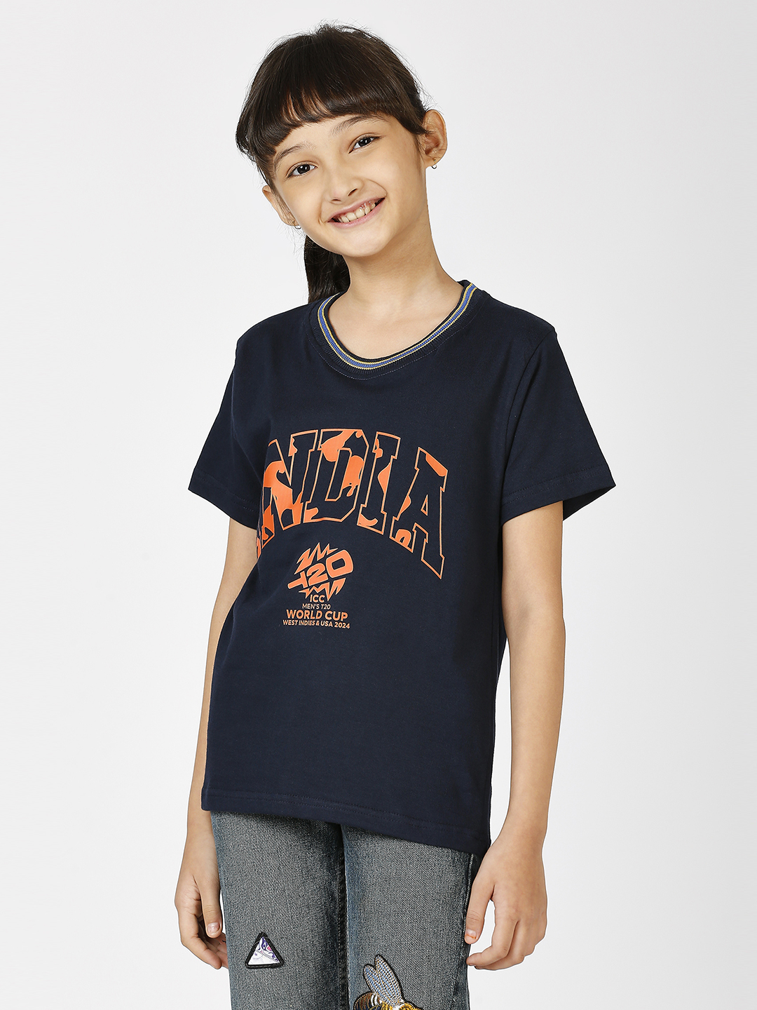 India ICC Men's T20 WC-24 Boys Navy Blue Typography Printed Half Sleeves Round Neck Cotton T-Shirt (2)