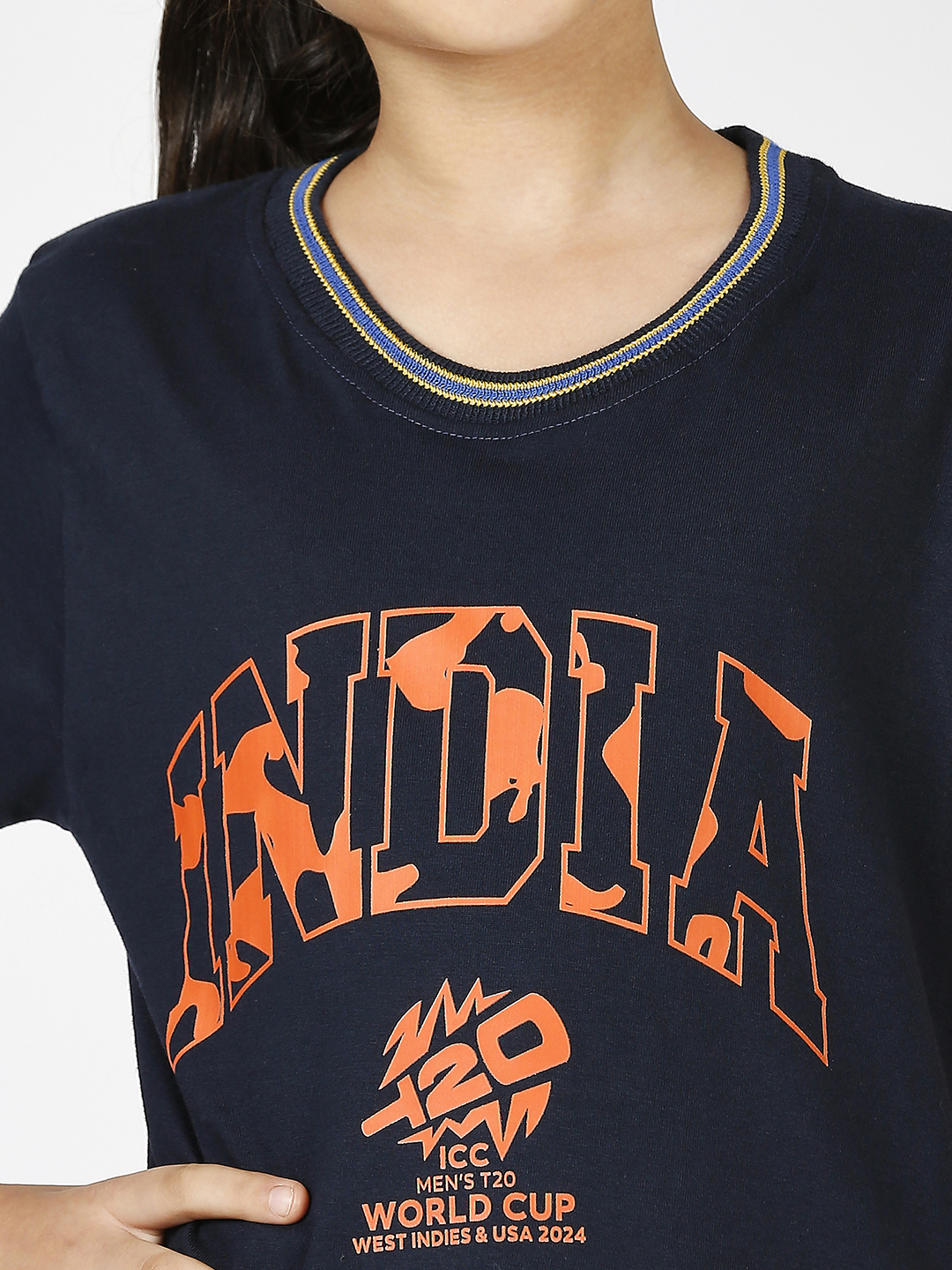 India ICC Men's T20 WC-24 Boys Navy Blue Typography Printed Half Sleeves Round Neck Cotton T-Shirt (10)