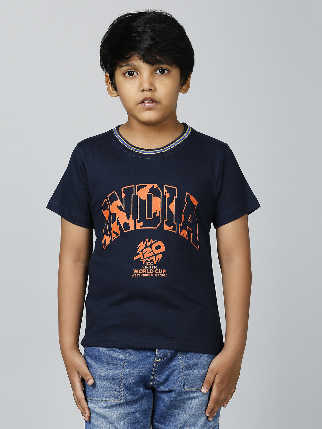 India ICC Men's T20 WC-24 Boys Navy Blue Typography Printed Half Sleeves Round Neck Cotton T-Shirt (1)