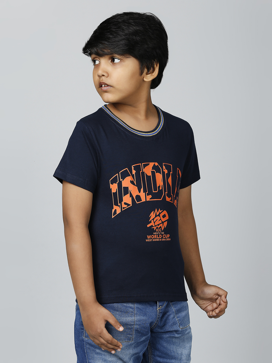 India ICC Men's T20 WC-24 Boys Navy Blue Typography Printed Half Sleeves Round Neck Cotton T-Shirt (5)