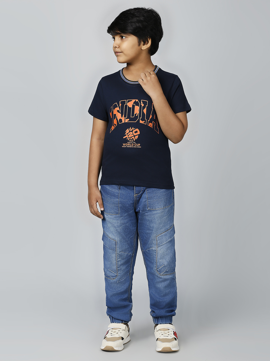 India ICC Men's T20 WC-24 Boys Navy Blue Typography Printed Half Sleeves Round Neck Cotton T-Shirt (7)