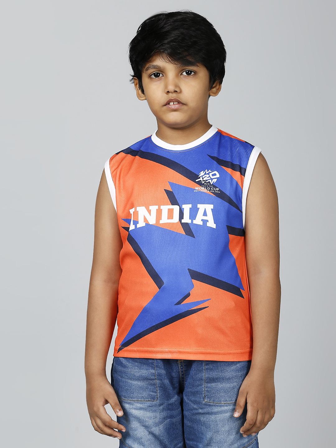 India ICC Men's T20 WC-24 Boys Orange and Blue Printed Sleeveless Round Neck Polyester Sports Vest (1)