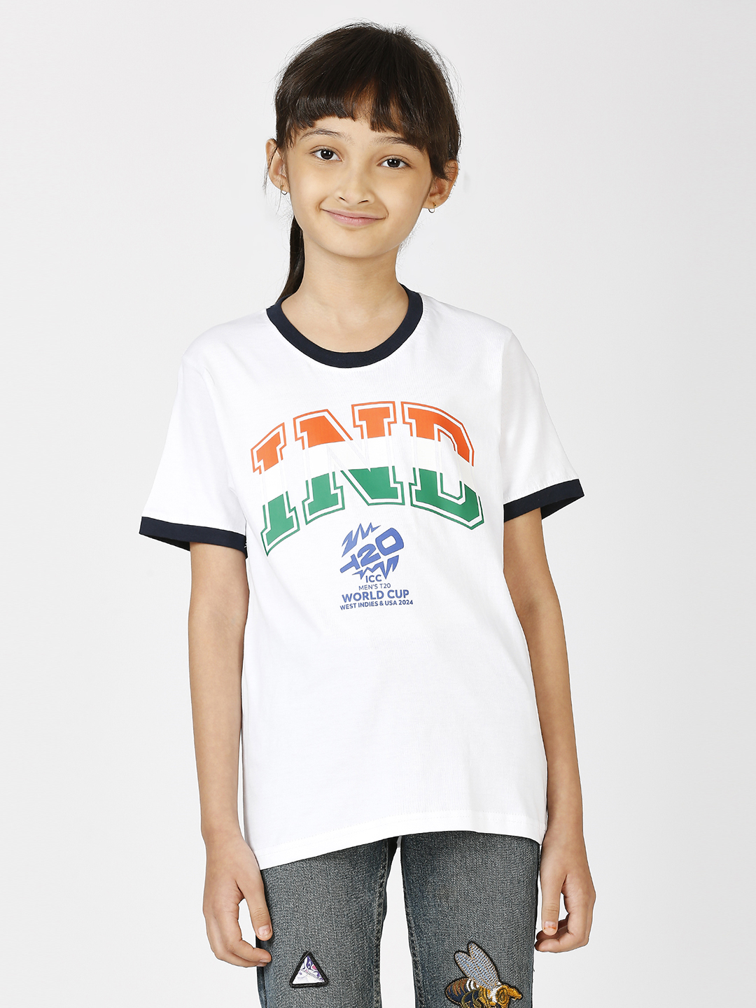 India ICC Men's T20 WC-24 Boys White Typography Printed Half Sleeves Round Neck Tri-Color Cotton T-Shirt (1)