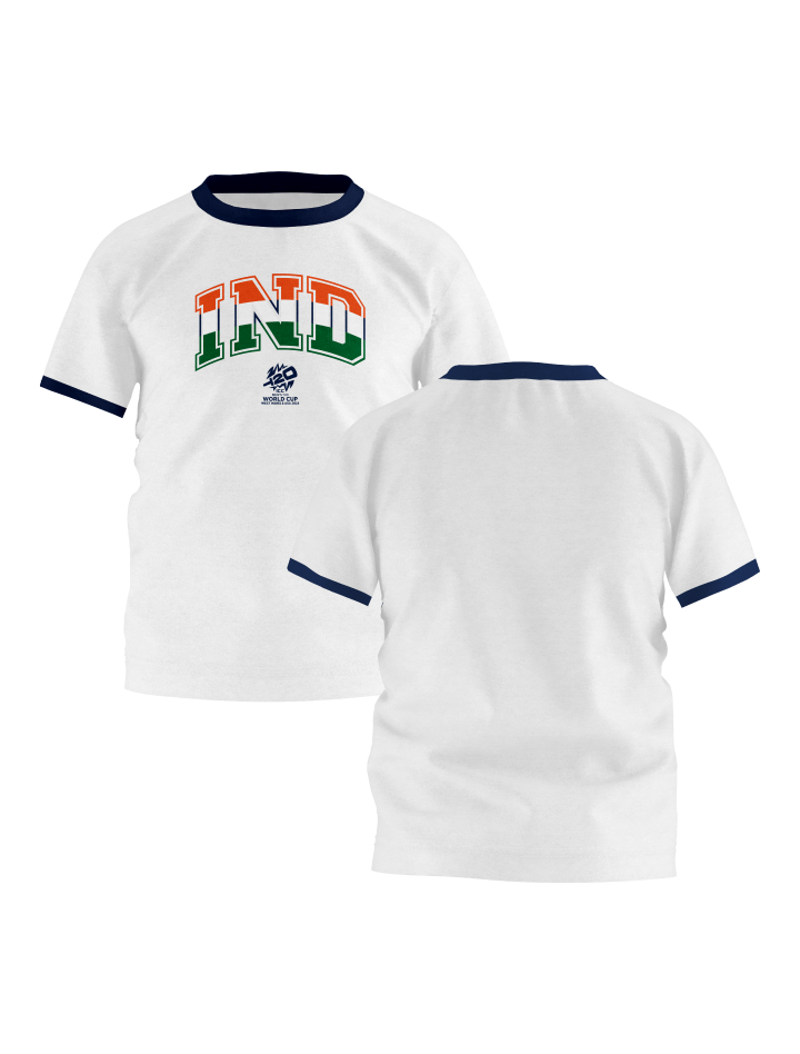 India ICC Men's T20 WC-24 Boys White Typography Printed Half Sleeves Round Neck Tri-Color Cotton T-Shirt - Customised (3)