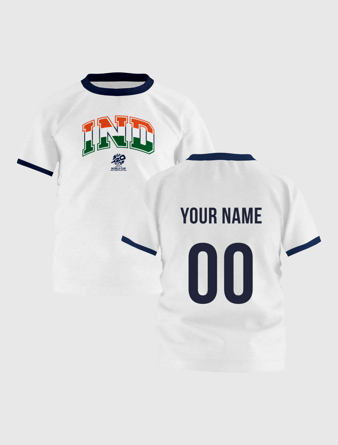 India ICC Men's T20 WC-24 Boys White Typography Printed Half Sleeves Round Neck Tri-Color Cotton T-Shirt - Customised (2)