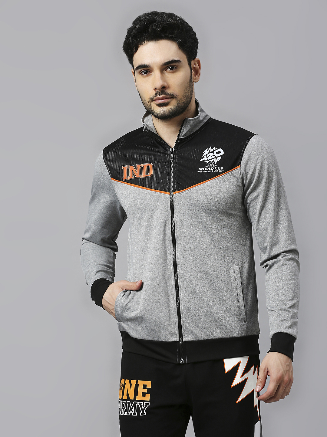 India ICC Men's T20 WC-24 Grey and Black Full Sleeves Stand Collar Polyester Jacket (2)