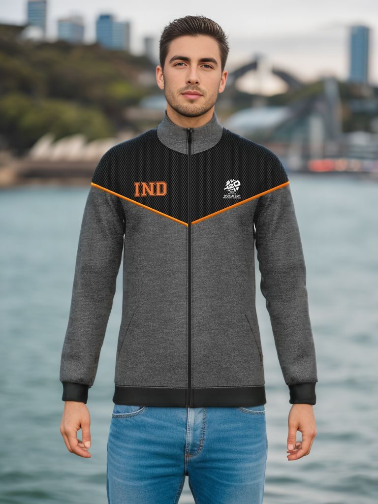 ICC Men's T20 WC-24 Grey and Black Full Sleeves Stand Collar Polyester Jacket