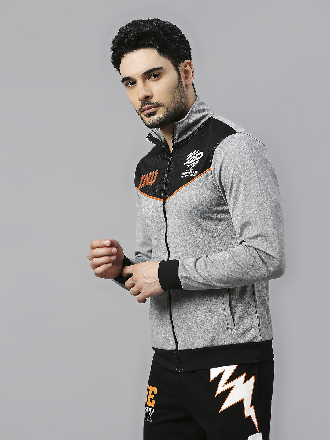 India ICC Men's T20 WC-24 Grey and Black Full Sleeves Stand Collar Polyester Jacket (3)